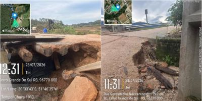 Fortes chuvas deixam estradas e pontes danificadas em Cerro Grande do Sul