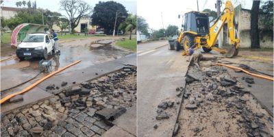 Rede d'água rompida afeta abastecimento em cinco bairros de Camaquã e bloqueia trânsito nesta quarta-feira (29)