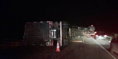 Motorista fica preso às ferragens após caminhão tombar na BR-116, em Barra do Ribeiro