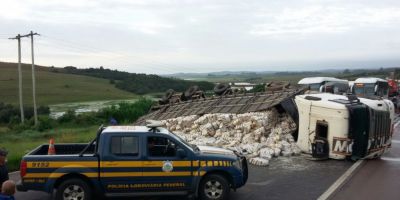 Carreta carregada de arroz tomba e bloqueia a BR-116 em Barra do Ribeiro