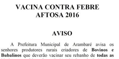 Arambaré emite comunicado sobre vacinação contra febre aftosa