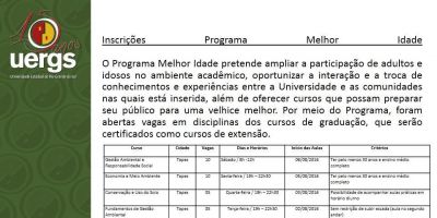  Inscrições abertas para o Programa Melhor Idade - Uergs Tapes