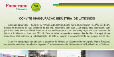 São Lourenço do Sul - neste sábado será inaugurada a indústria de laticínios Pomerano