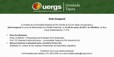 Aula inaugural da Uergs de Tapes acontece nesta quarta-feira (8) 