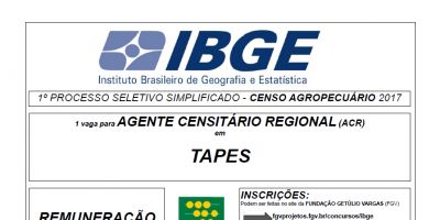 Processos Seletivos Simplificados para o Censo Agropecuário 2017; há uma vaga para Tapes