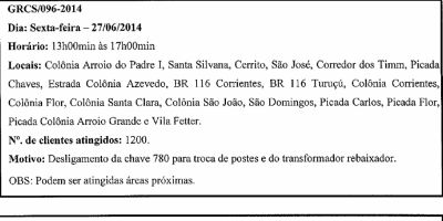 Previsão de desligamento em Turuçu para o dia 27.06.2014