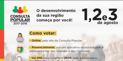 Vote na Consulta Popular 2017/2018 e eleja as prioridades para sua região; a votação ocorre 1º, 2 e 3 de agosto