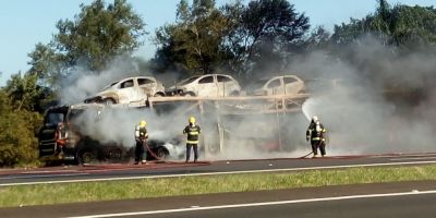 Caminhão cegonha carregado de automóveis pega fogo na freeway