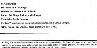 Previsão de desligamento em Sertão Santana para o dia 01.03.2015