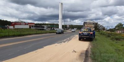 Caminhão transportando farelo de arroz perde parte da carga na BR-116 em Camaquã