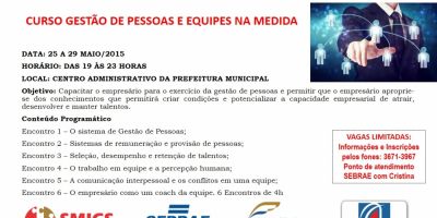 Confira na imagem a programação de curso de capacitação através do Sebrae - maio de 2015