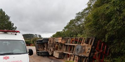 Carreta com toras de madeira tomba na ERS-350 em Chuvisca