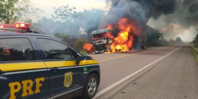 Carreta carregada com toras incendeia na BR-290 na Região Metropolitana 