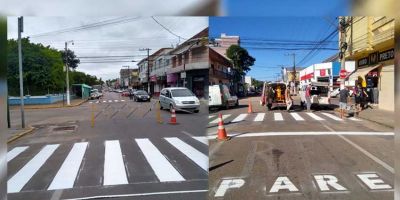 Faixas de pedestre e sinalização horizontal são revitalizadas no centro de Camaquã