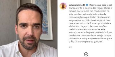 Em vídeo, Eduardo Leite afirma que irá abrir mão de pensão paga a ex-governadores