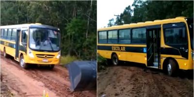 Vídeo mostra ônibus atolado com estudantes em estrada do interior de Camaquã