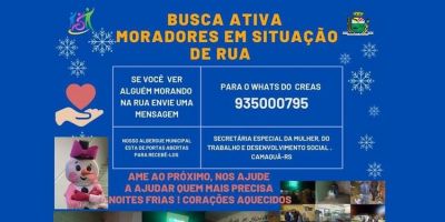 Secretaria do Desenvolvimento Social de Camaquã disponibiliza número de telefone para busca ativa de moradores de rua