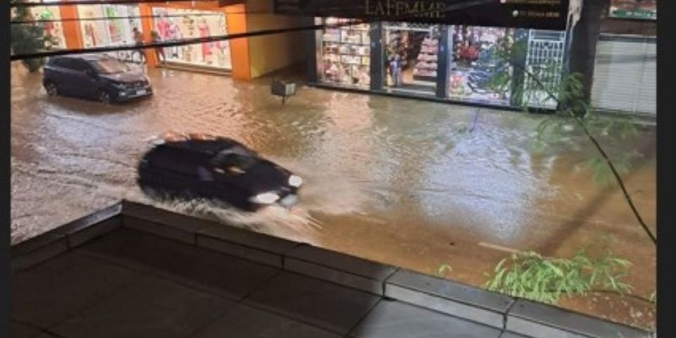 Forte pancada de chuva deixa ruas do centro de Camaquã alagadas 