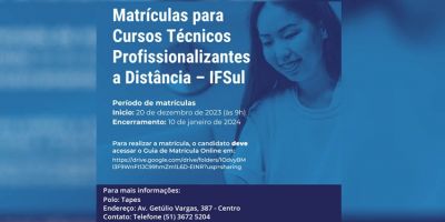 Abertas matrículas para cursos técnicos profissionalizantes em Tapes