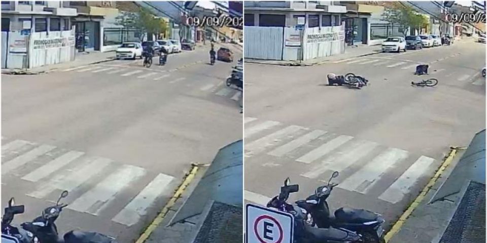 VÍDEO: colisão entre moto e bicicleta deixa mulher ferida no centro de Camaquã