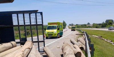 Carreta carregada com toras de madeira tomba na BR-116 em Cristal