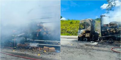 Carreta pega fogo e causa bloqueio parcial na BR-116, em Tapes